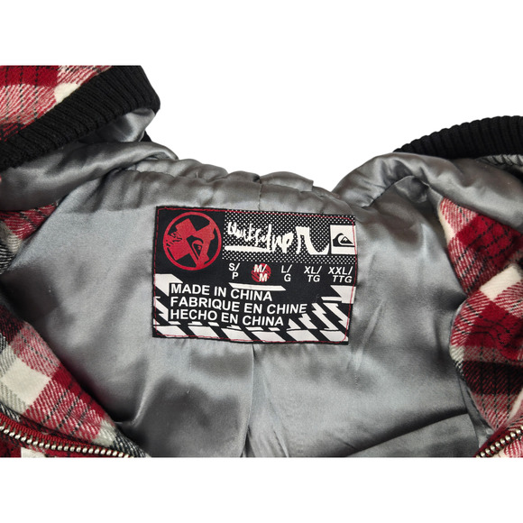 Mens Quiksilver Jacket Plaid Size Medium Full Zip Hood Red Black - Picture 7 of 7